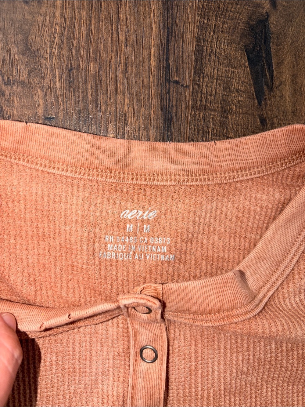 aerie Long Sleeve waffle Henley Top in Peach - Picture 3 of 7